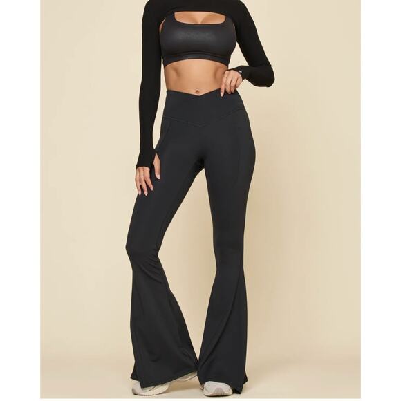 NWT Popflex Crisscross Hourglass Bell Bottom SZ LARGE TALL Pockets Black 34" NEW - Picture 1 of 11